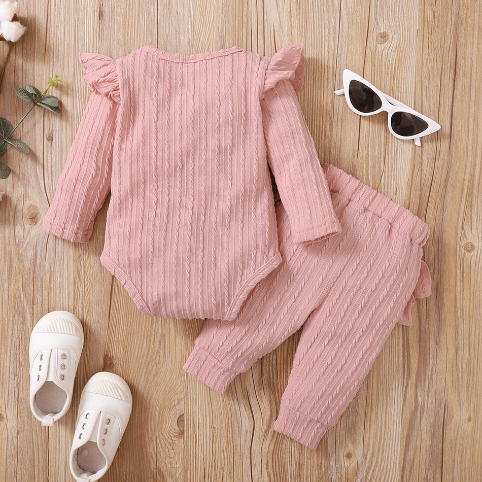 2pcs Baby Girl Solid Cable Knit Long-sleeve Romper and Layered Ruffle Trousers Set Pink big image 6