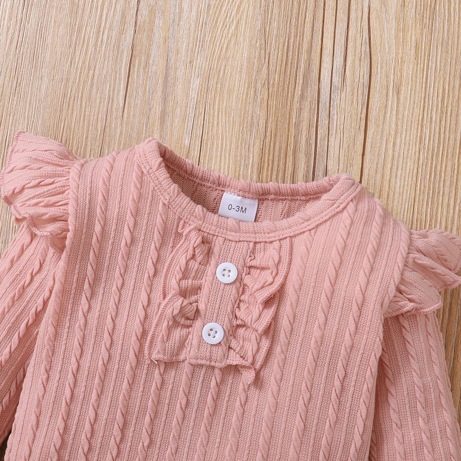 2pcs Baby Girl Solid Cable Knit Long-sleeve Romper and Layered Ruffle Trousers Set Pink big image 2