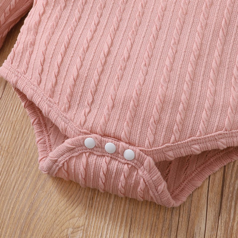 2pcs Baby Girl Solid Cable Knit Long-sleeve Romper and Layered Ruffle Trousers Set Pink big image 3
