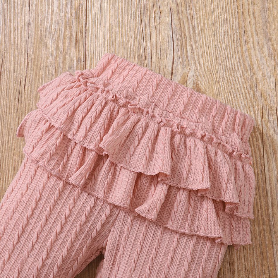 2pcs Baby Girl Solid Cable Knit Long-sleeve Romper and Layered Ruffle Trousers Set Pink big image 4