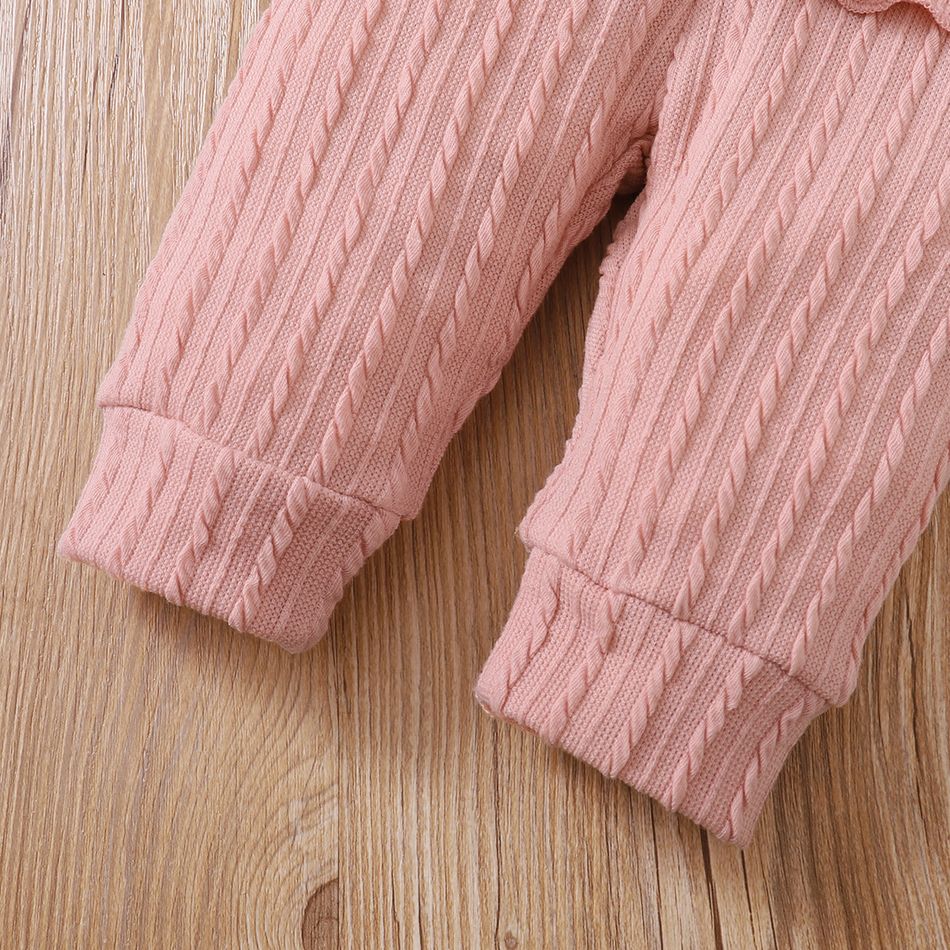 2pcs Baby Girl Solid Cable Knit Long-sleeve Romper and Layered Ruffle Trousers Set Pink big image 5