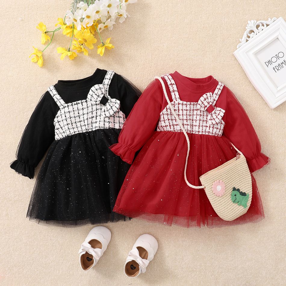 Baby Girl Tweed Faux-two Long-sleeve Glitter Sequined Mesh Dress Red big image 8