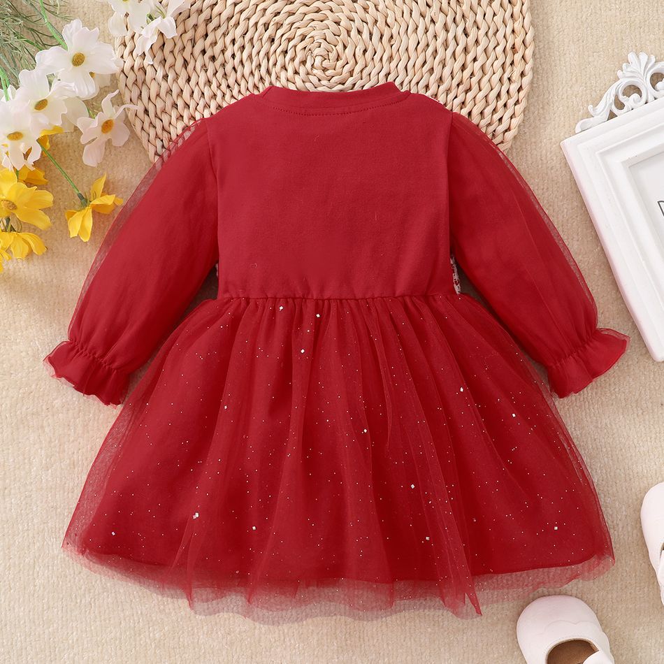 Baby Girl Tweed Faux-two Long-sleeve Glitter Sequined Mesh Dress Red big image 6