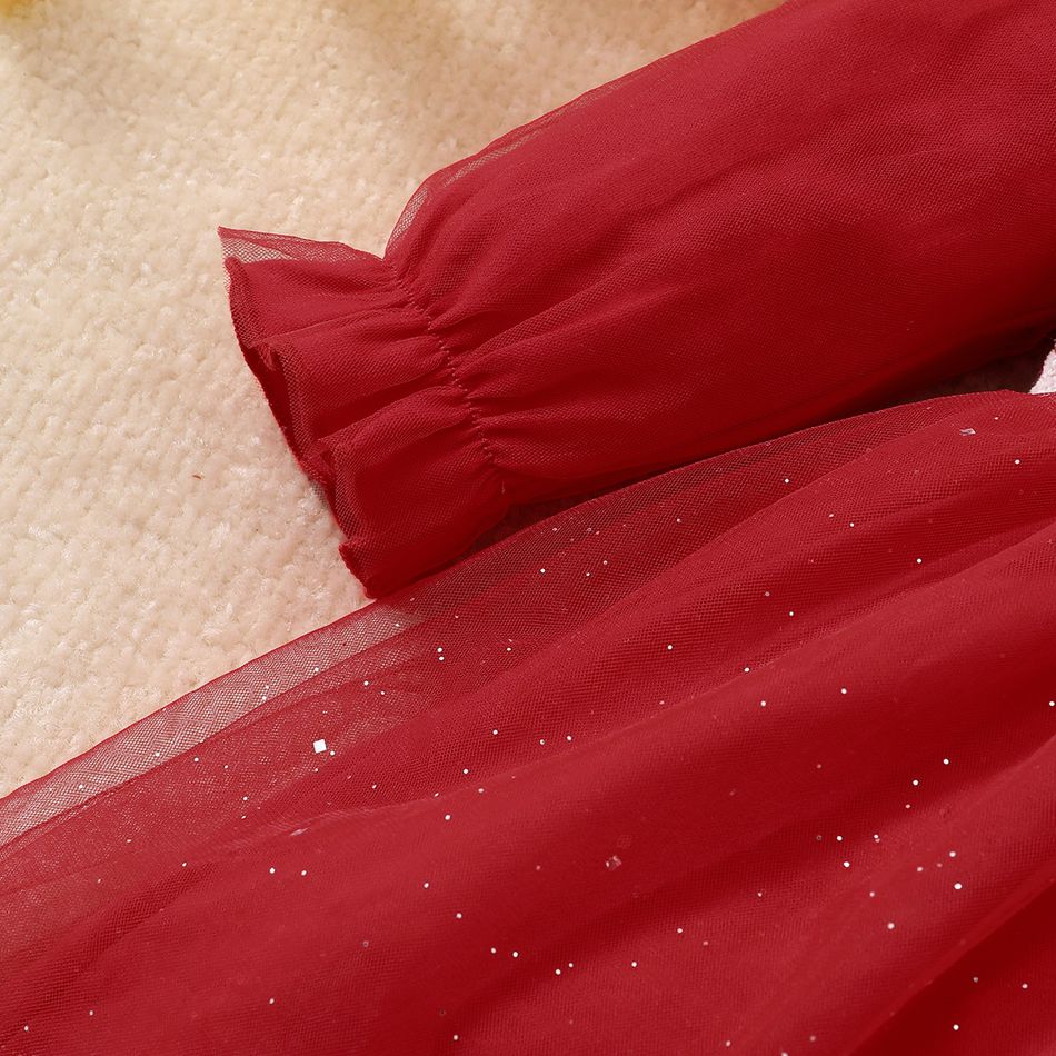 فستان طفلة من التويد مزيف بأكمام طويلة مزين بالترتر اللامع أحمر big image 4