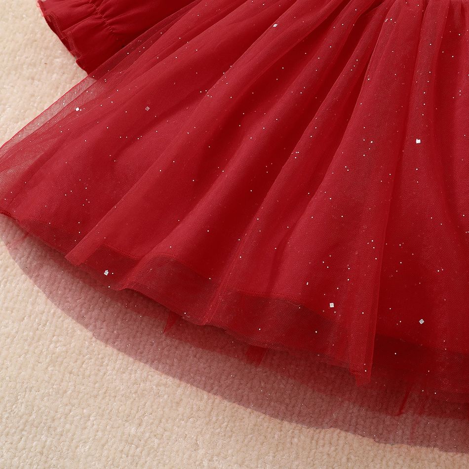 فستان طفلة من التويد مزيف بأكمام طويلة مزين بالترتر اللامع أحمر big image 5