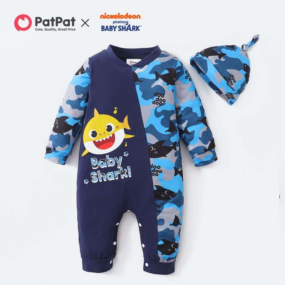 Baby Shark 2pcs Baby Boy Camouflage Long-sleeve Jumpsuit with Hat Set Dark Blue