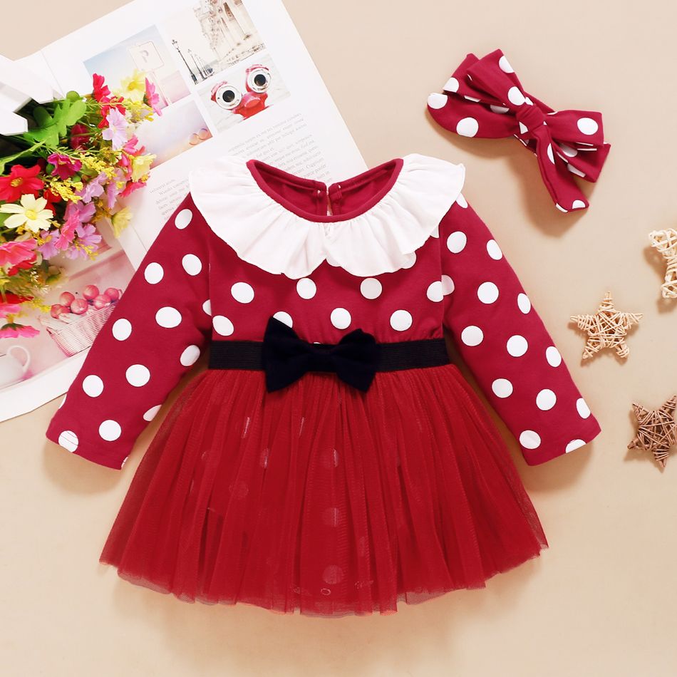 2pcs 95% Cotton Long-sleeve Red Polka Dots Splicing Mesh Romper Dress with Headband Set Red