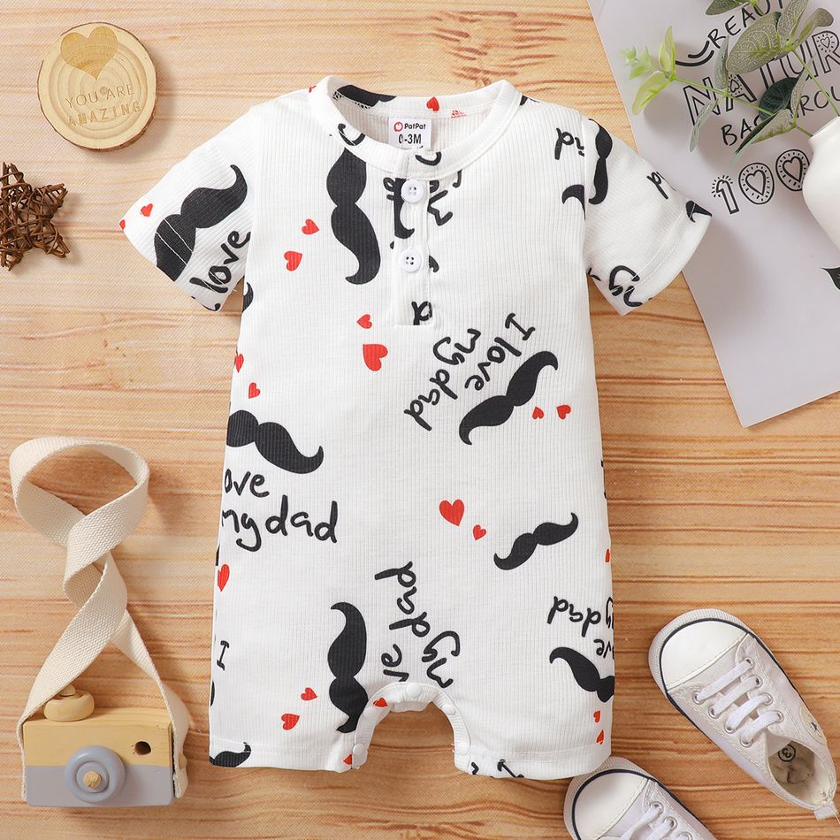 Father's Day Baby Boy/Girl All Over Mustache and Love Heart Print Short-sleeve Romper White