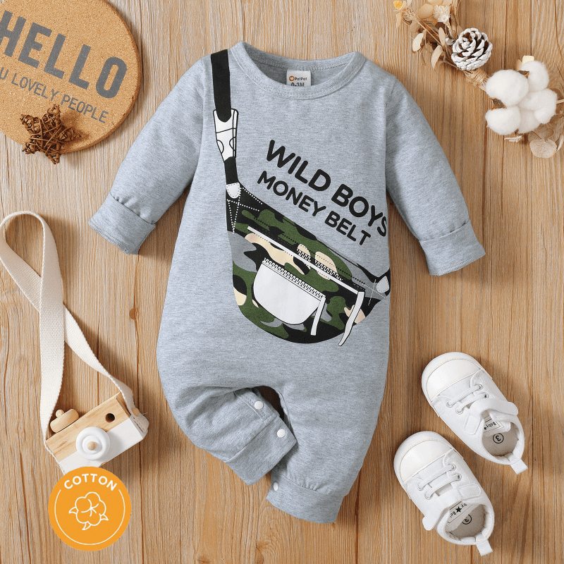 Baby Boy 95% Cotton Long-sleeve Crossbody Bag & Letter Print Jumpsuit Lightgrey