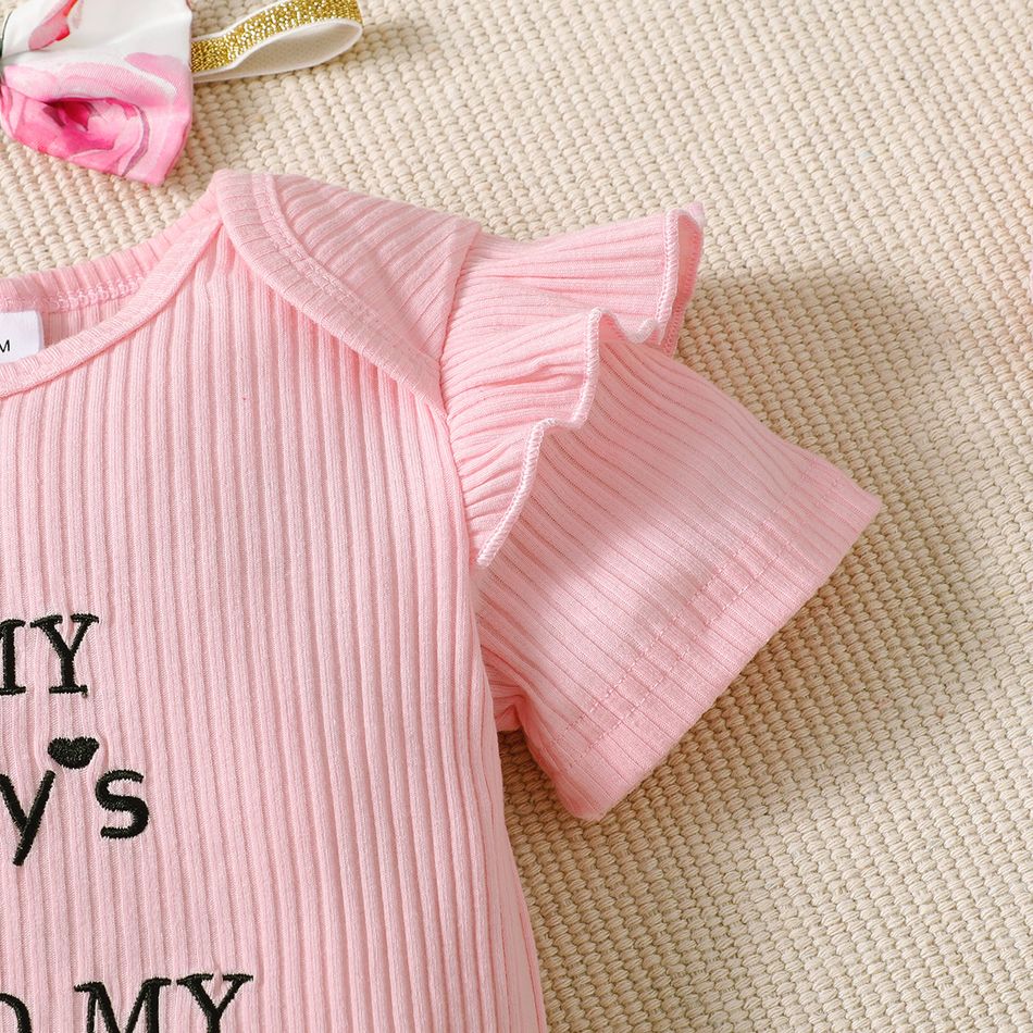 3pcs Baby Girl 95% Cotton Ribbed Ruffle Short-sleeve Letter Embroidery Romper and Floral Print Layered Shorts with Headband Set Pink big image 13