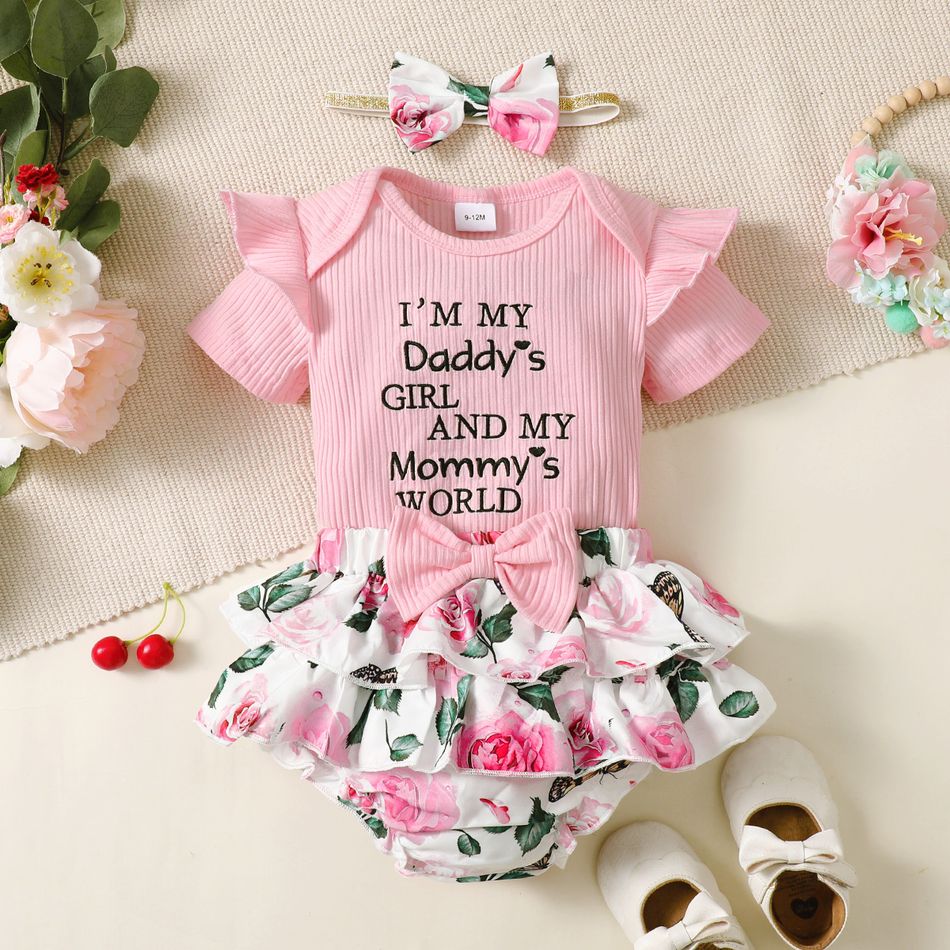 3pcs Baby Girl 95% Cotton Ribbed Ruffle Short-sleeve Letter Embroidery Romper and Floral Print Layered Shorts with Headband Set Pink big image 17