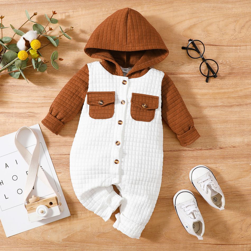 Baby Boy/Girl Long-sleeve Colorblock Textured Button Front Hooded Jumpsuit Brown