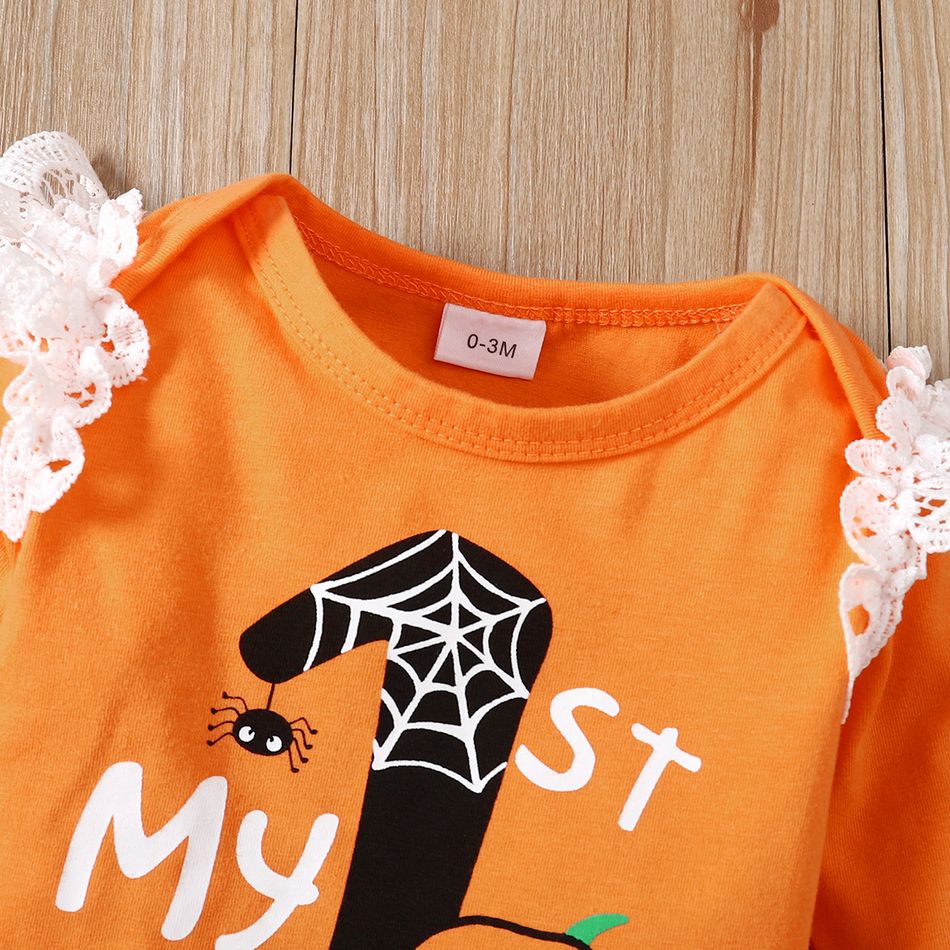 Halloween 3pcs Baby Girl 95% Cotton Long-sleeve Graphic Lace Detail Romper and Allover Print Pants with Headband Set Orange big image 4