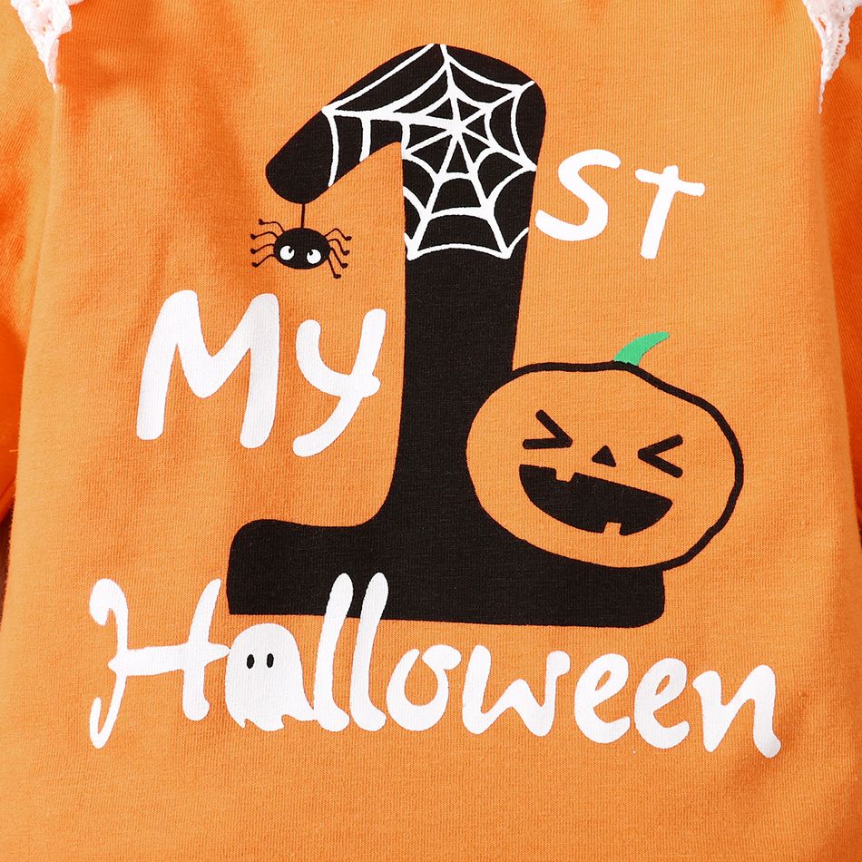 Halloween 3pcs Baby Girl 95% Cotton Long-sleeve Graphic Lace Detail Romper and Allover Print Pants with Headband Set Orange big image 5