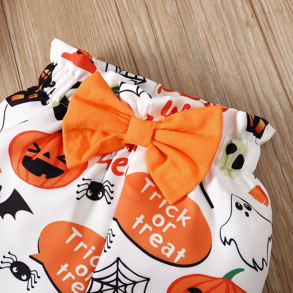 Halloween 3pcs Baby Girl 95% Cotton Long-sleeve Graphic Lace Detail Romper and Allover Print Pants with Headband Set Orange big image 7