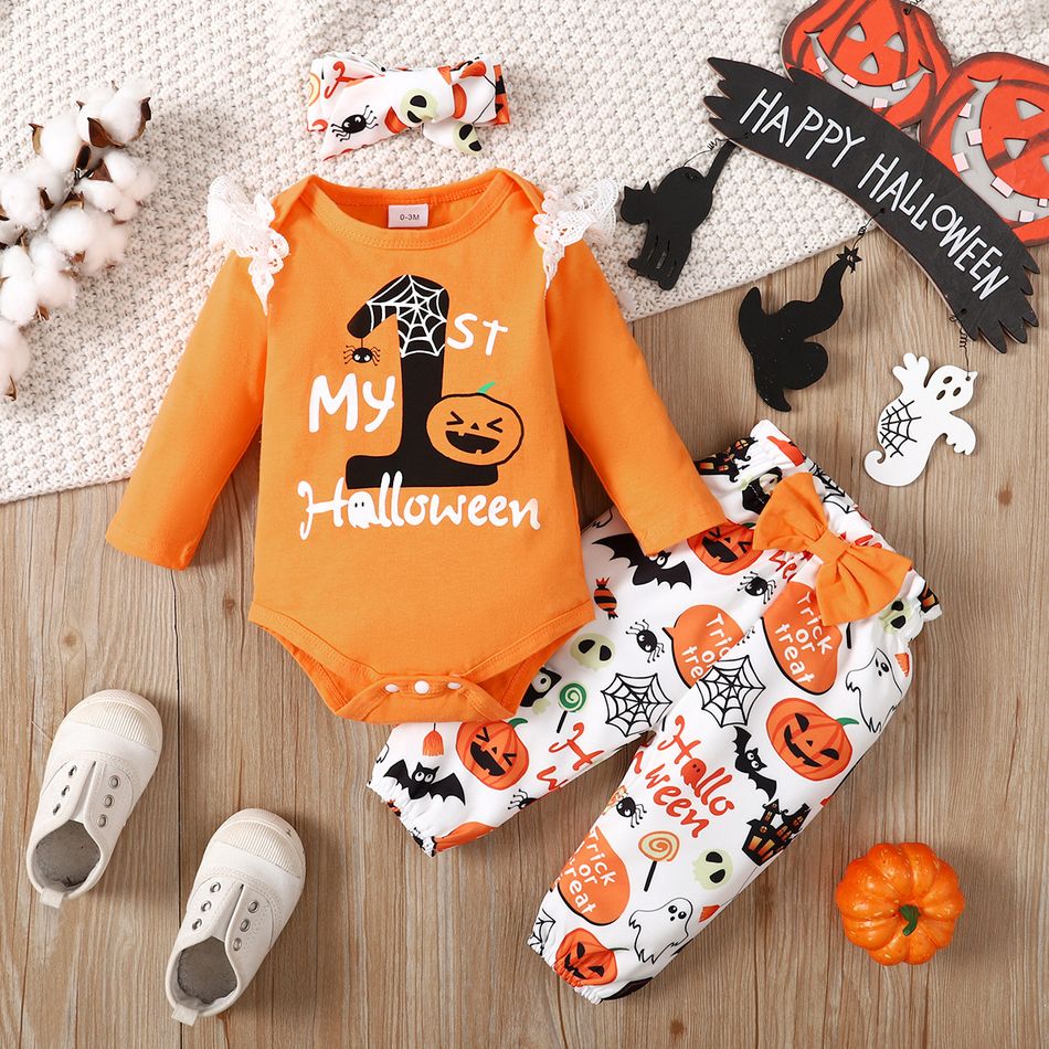 Halloween 3pcs Baby Girl 95% Cotton Long-sleeve Graphic Lace Detail Romper and Allover Print Pants with Headband Set Orange