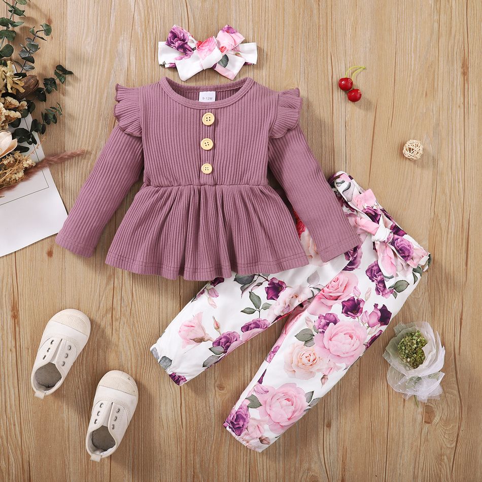 3pcs Baby Girl 95% Cotton Ribbed Ruffle Long-sleeve Top and Allover Floral Print Belted Pants with Headband Set Lavender big image 3