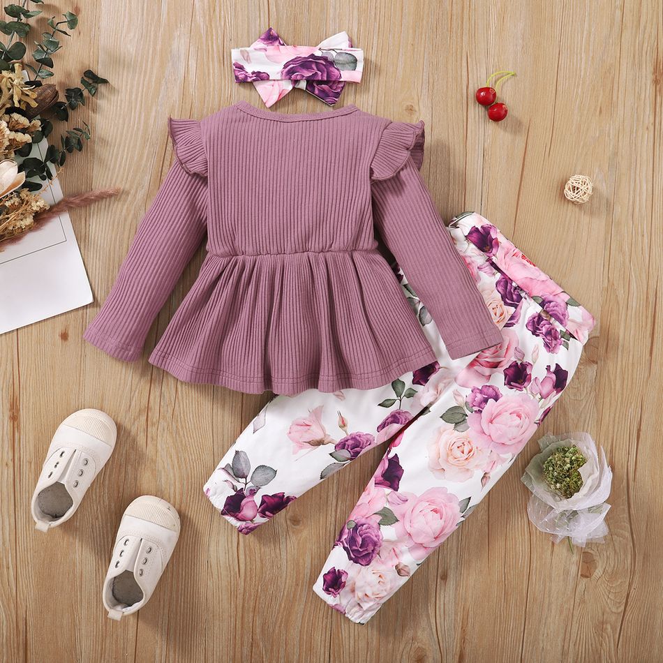 3pcs Baby Girl 95% Cotton Ribbed Ruffle Long-sleeve Top and Allover Floral Print Belted Pants with Headband Set Lavender big image 2