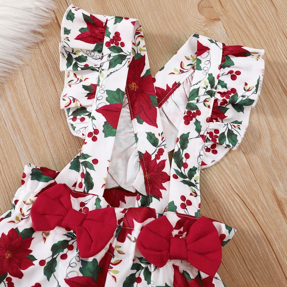 Christmas 3pcs Baby Girl 95% Cotton Long-sleeve Xmas Tree & Letter Graphic Red Romper and Pretty Floral Print Ruffle Bow Suspender Pants with Headband Set Red big image 7