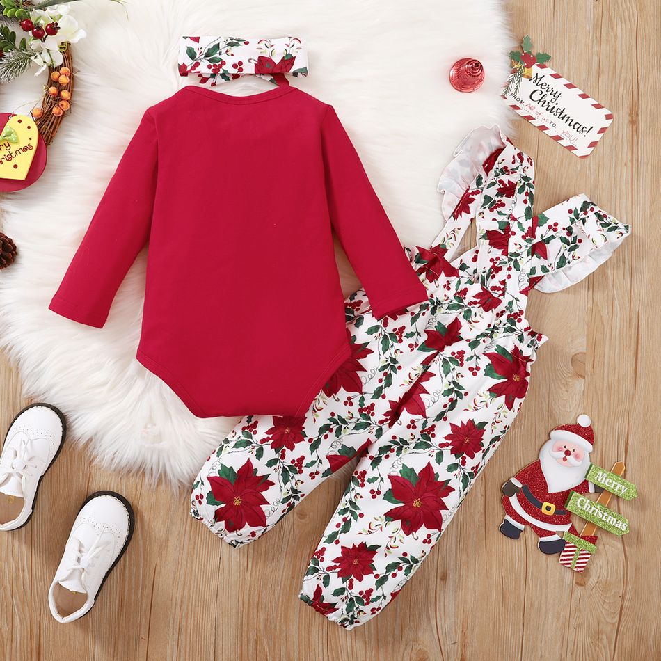 Christmas 3pcs Baby Girl 95% Cotton Long-sleeve Xmas Tree & Letter Graphic Red Romper and Pretty Floral Print Ruffle Bow Suspender Pants with Headband Set Red big image 2