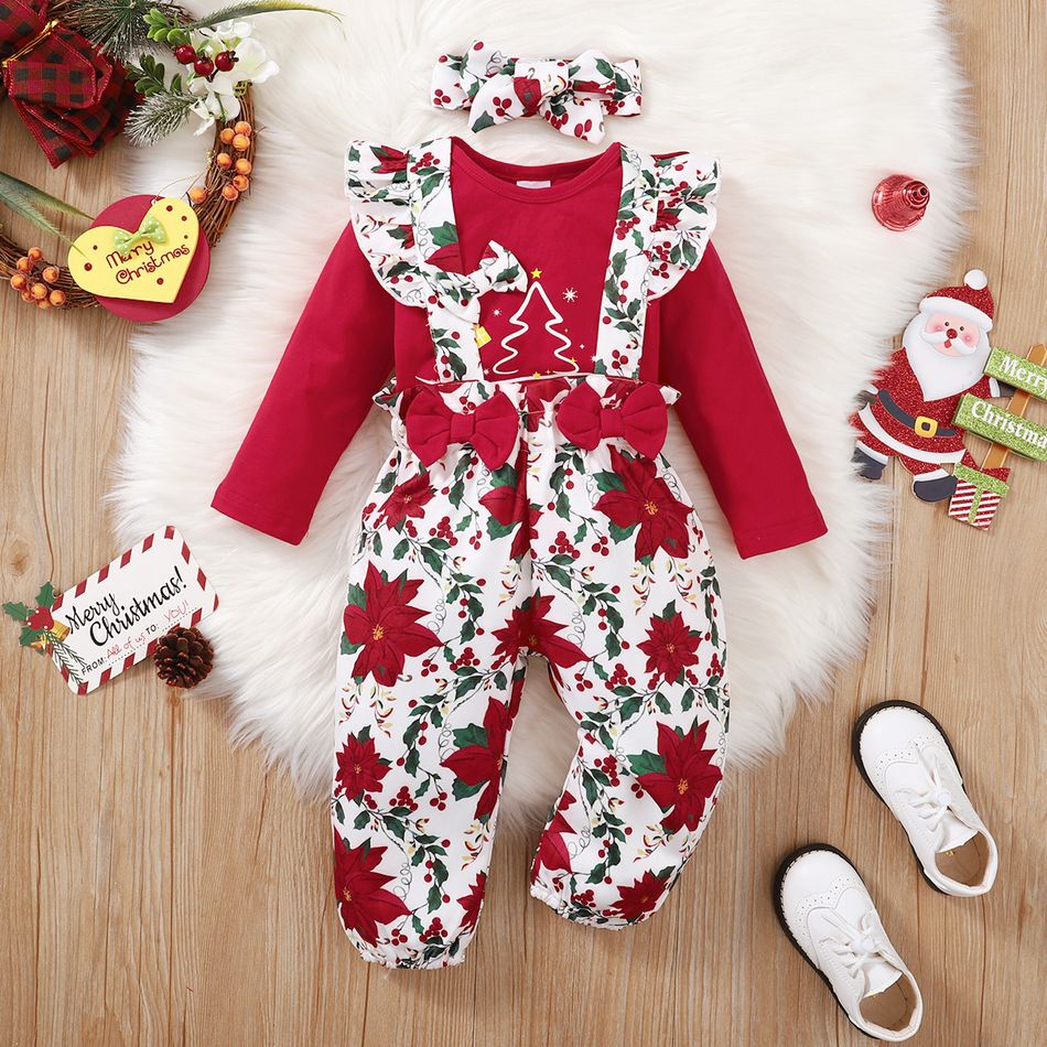Christmas 3pcs Baby Girl 95% Cotton Long-sleeve Xmas Tree & Letter Graphic Red Romper and Pretty Floral Print Ruffle Bow Suspender Pants with Headband Set Red big image 3