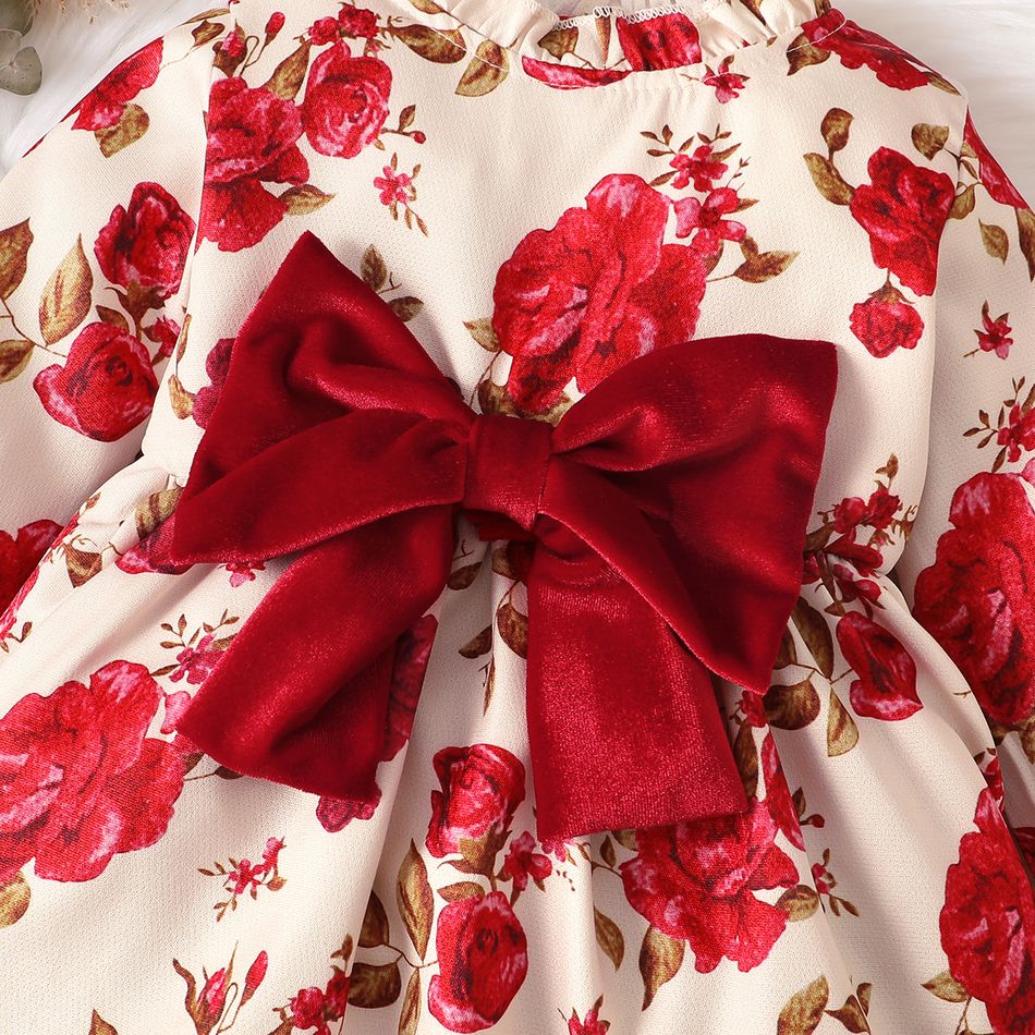 Baby Girl Allover Red Floral Print Long-sleeve Bow Front Dress Burgundy big image 4