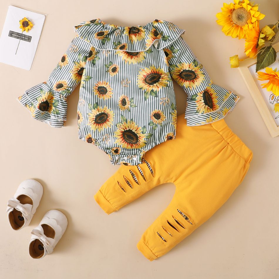 2pcs Baby Girl 95% Cotton Ripped Pants and Allover Sunflower Print Pinstriped Ruffle Trim Flare-sleeve Romper Set Yellow big image 2