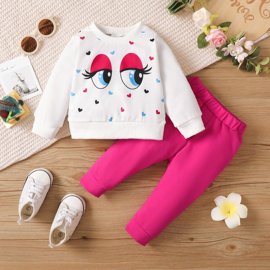2pcs Baby Girl Long-sleeve Graphic Sweatshirt and Solid High Waist Leggings Pants Set Hot Pink big image 1