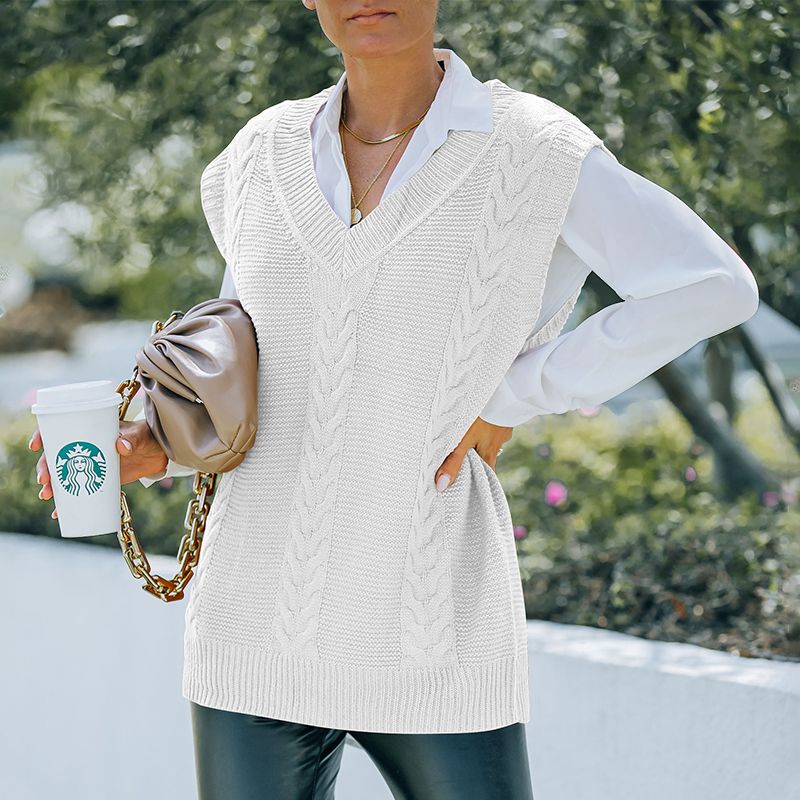 Solid Sleeveless V Neck Cable Knit Sweater Vest White