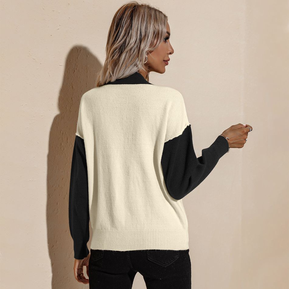 Colorblock Round-collar Long-sleeve Sweater Black big image 6