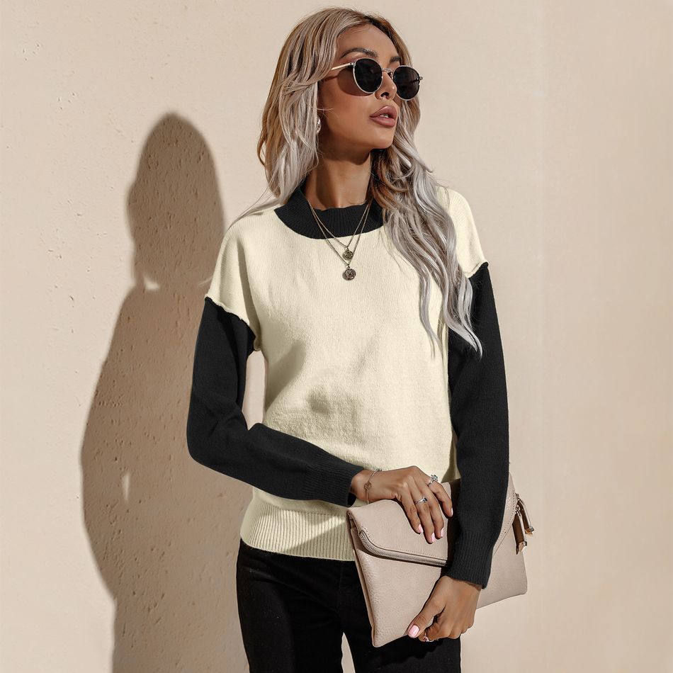 Colorblock Round-collar Long-sleeve Sweater Black big image 4
