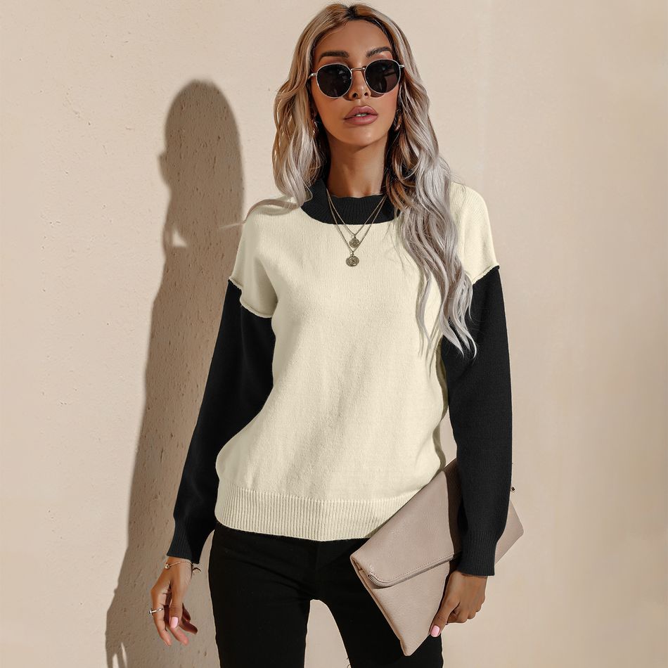 Colorblock Round-collar Long-sleeve Sweater Black big image 3