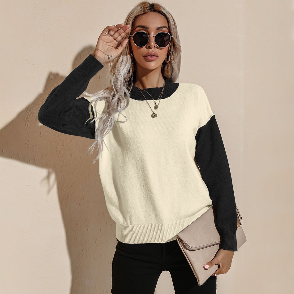 Colorblock Round-collar Long-sleeve Sweater Black big image 1