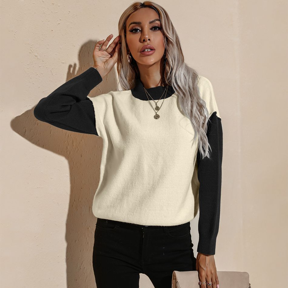 Colorblock Round-collar Long-sleeve Sweater Black big image 5