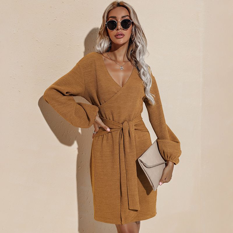 Maternity Pure Color Long-sleeve Belted Sweater Dress Khaki
