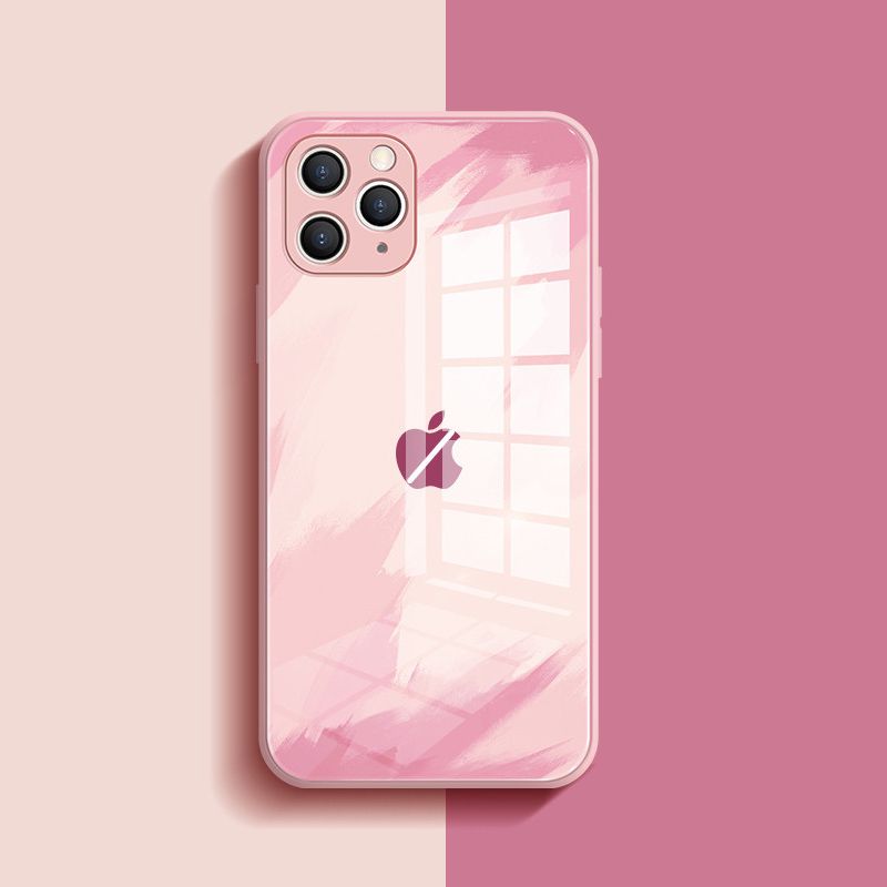 Original Liquid Silicone Tempered Glass Case For iPhone 11 12 Pro Max XS XR X 8 7 6 6s Plus Lens Protection Cover Light Pink