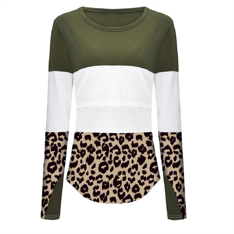 Maternity Round collar Leopard Color block Long-sleeve Nursing Tee Brown big image 3