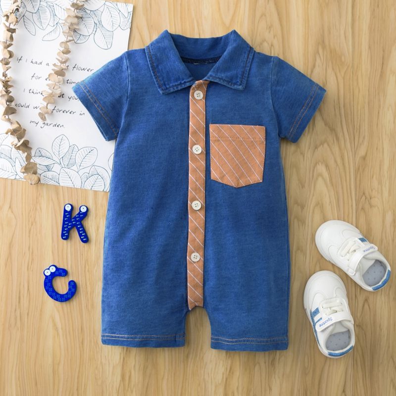100% Cotton Splice Lapel Collar Short-sleeve Blue Baby Romper Dark Blue