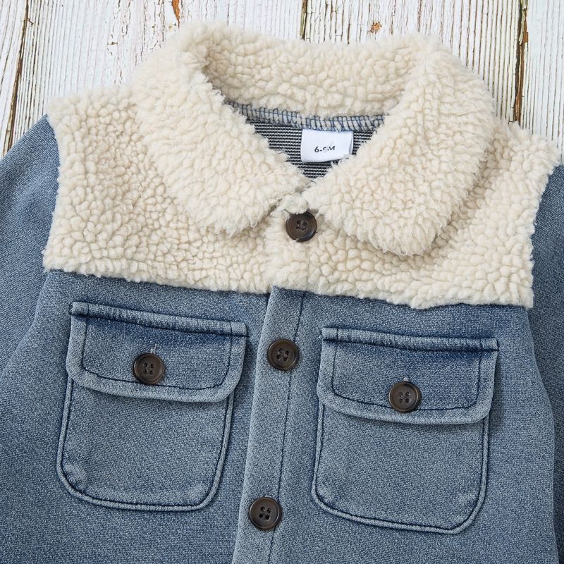 100% Cotton Baby Fleece Lapel Collar Splicing Denim Jacket Outwear Bluish Grey big image 3