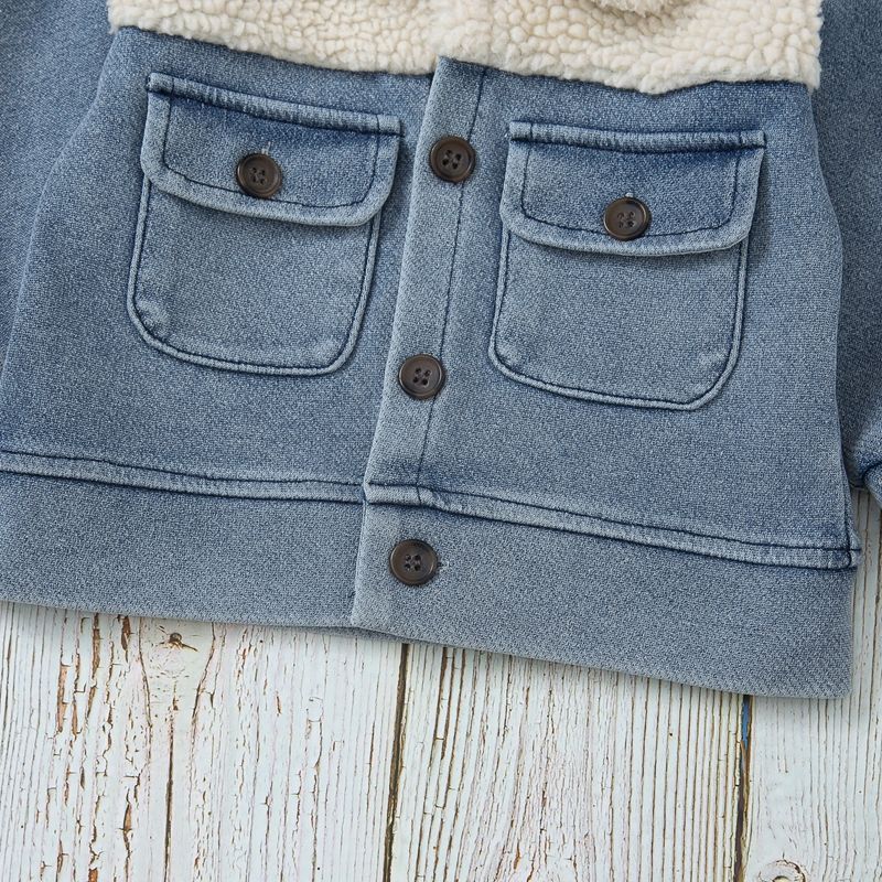 100% Cotton Baby Fleece Lapel Collar Splicing Denim Jacket Outwear Bluish Grey big image 4