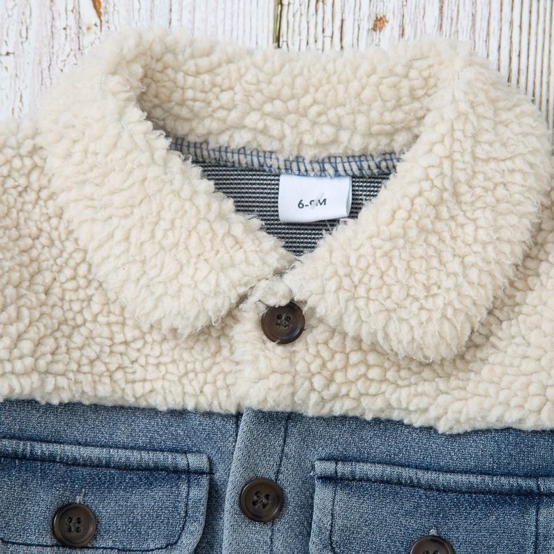 100% Cotton Baby Fleece Lapel Collar Splicing Denim Jacket Outwear Bluish Grey big image 5