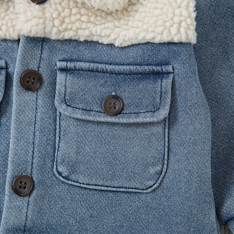 100% Cotton Baby Fleece Lapel Collar Splicing Denim Jacket Outwear Bluish Grey big image 6