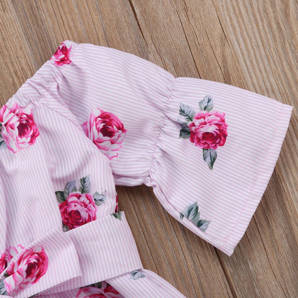 Toddler Girls Striped Floral Print Bow Romper Pink big image 5