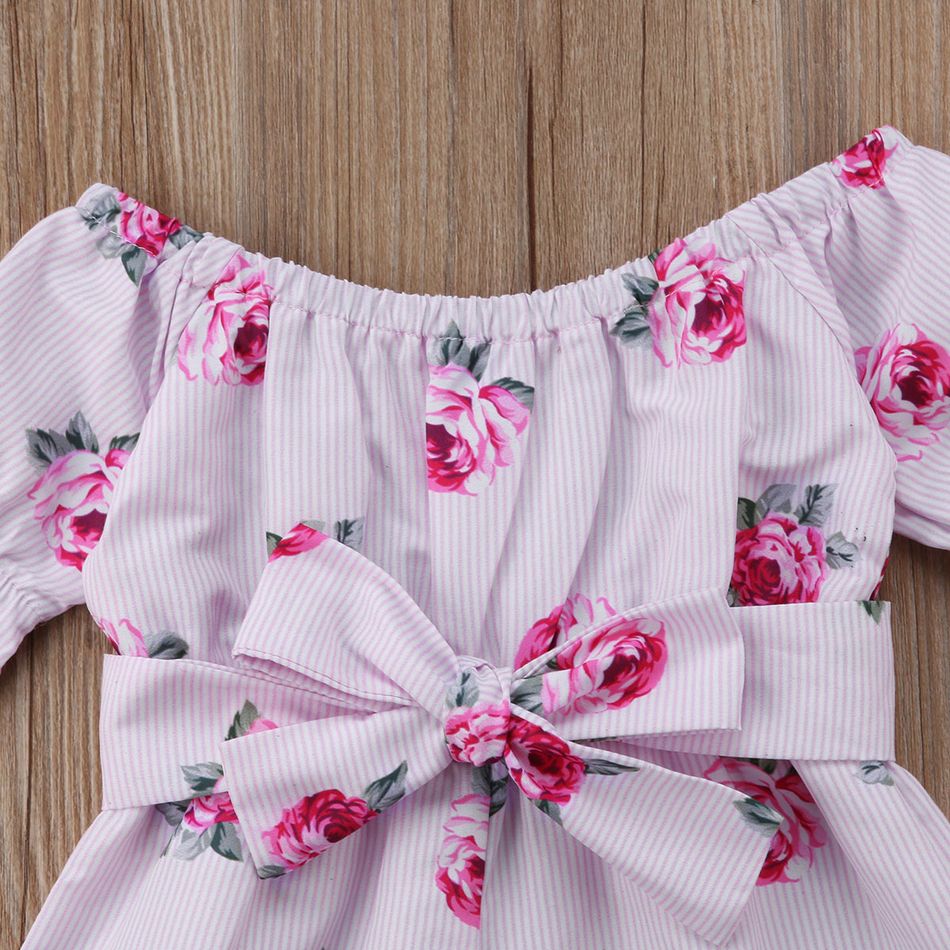 Toddler Girls Striped Floral Print Bow Romper Pink big image 4