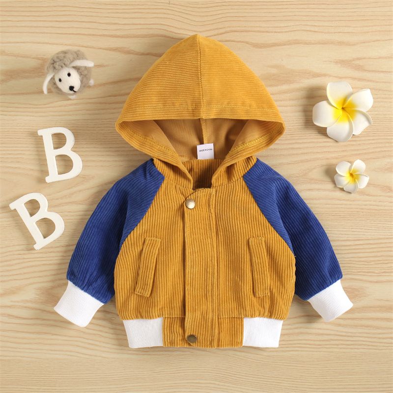 Colorblock Corduroy Long-sleeve Baby Hooded Coat Jacket Yellow