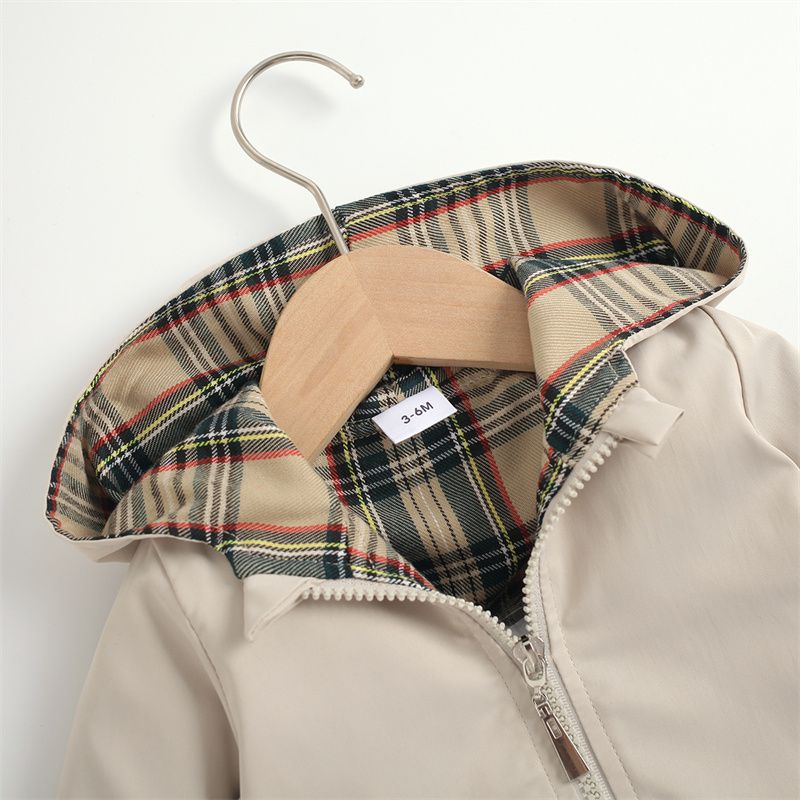 100% Cotton Baby Solid Long-sleeve Hooded Windbreaker Coat Jacket Beige big image 2