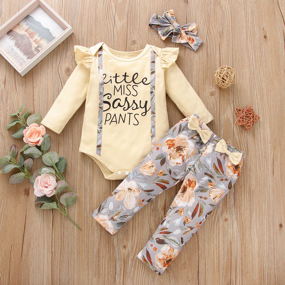 3-piece Baby Girl 100% Cotton Letter Print Ruffled Long-sleeve Romper, Bowknot Design Floral Print Pants and Headband Set Beige