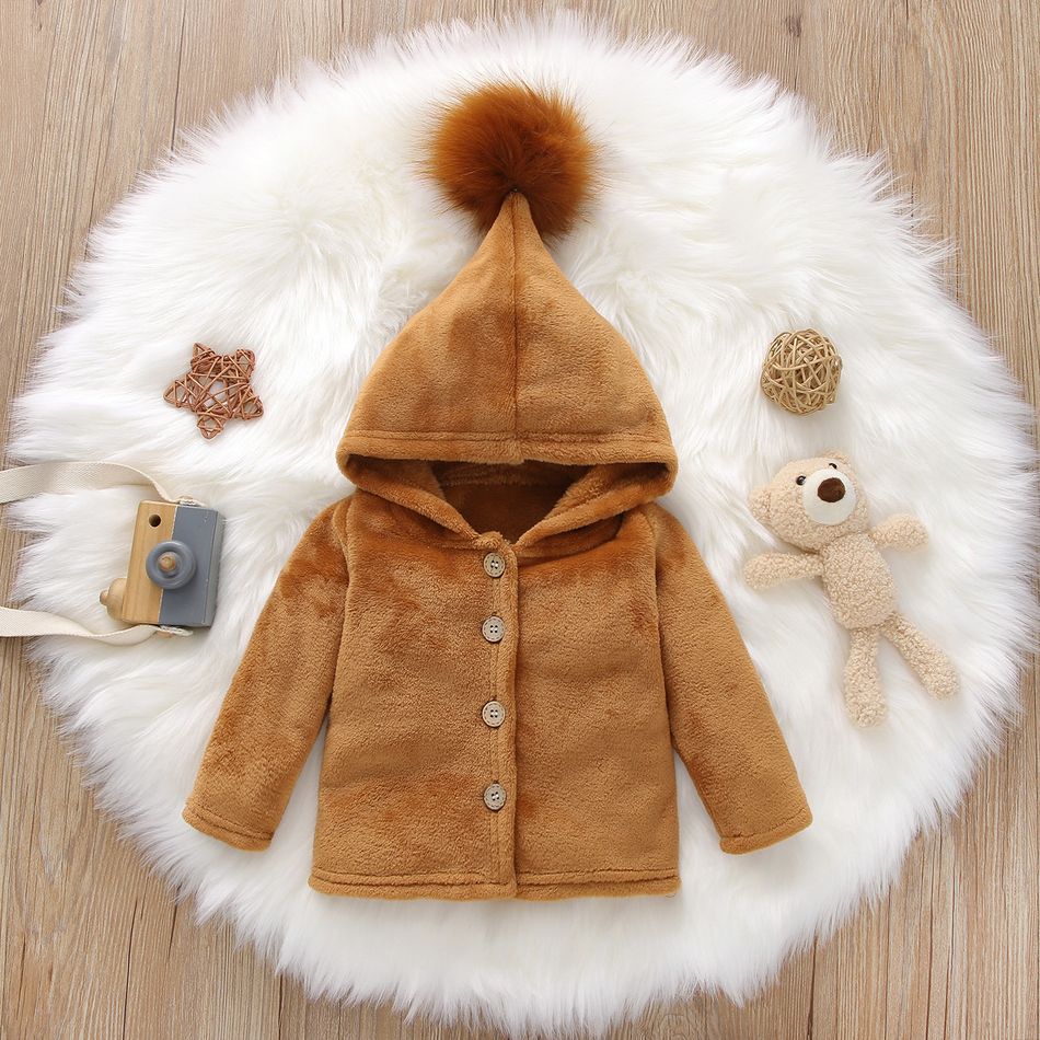 Baby Girl/Boy 100% Cotton Big Pompom Design Hooded Fuzzy Jacket Lemonyellow