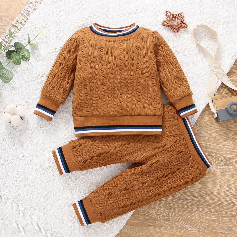 2pcs Baby Boy Brown Cable Knit Splicing Striped Long-sleeve Pullover Sweater and Trousers Set Brown