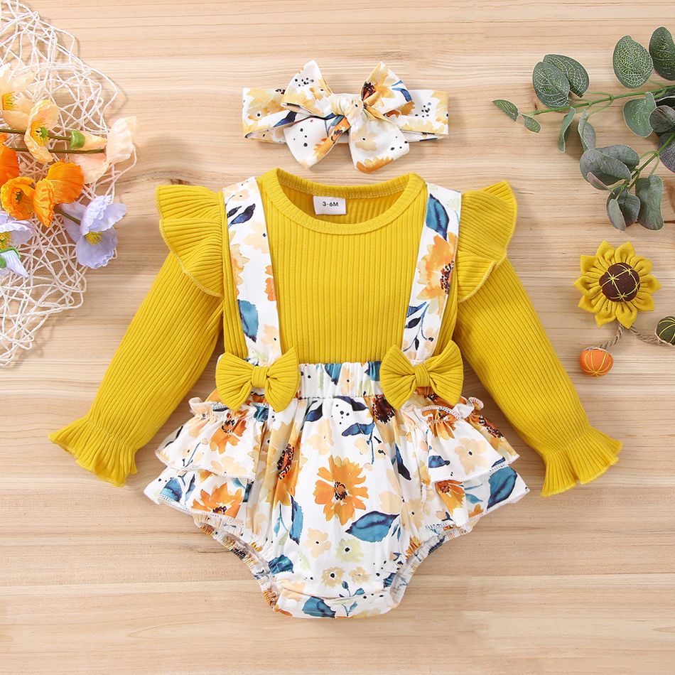 2pcs Baby Girl Yellow Ribbed Ruffle Long-sleeve Splicing Floral Print Faux-two Romper Set Yellow